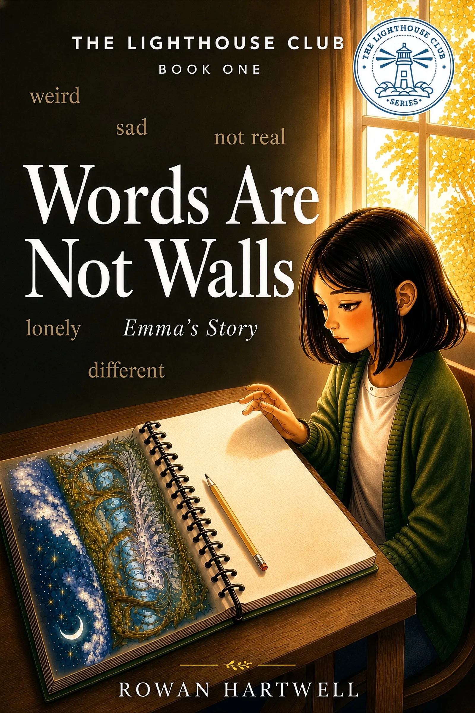 Words Are Not Walls, Book One of The Lighthouse Club: a girl at a desk by a warm window with a glowing sketchbook.